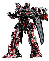 A large red and gray robot, with humanoid shape