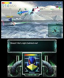 Gameplay screenshot of Star Fox 64 3D, featuring the gameplay on the top screen and the HUD on the bottom screen Star Fox 64 3D gameplay.jpeg