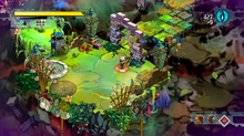 The Kid fights in a floating, grassy ruin, aiming a bow at a monster. The interface shows the player's health, experience, collected fragments, selected weapons and special skill, and number of health and black tonics. Bastion screenshot.png