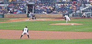 Herrera's first pitch in the Major Leagues, to Aaron Miles of the St. Louis Cardinals Herrera first pitch.jpg