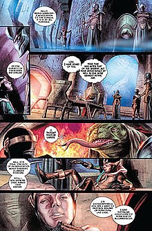 Page from Journey into Mystery #625 (October 2011), a tie-in book for which both the writing by Kieron Gillen's and the artwork by Doug Braithwaite, Ulises Arreola and Rich Elson were widely applauded. JourneyIntoMystery625.jpg