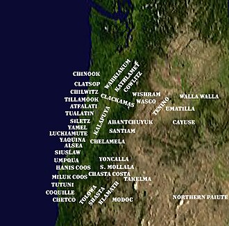 Approximate geographic locations of the First Nations of today's Oregon and southern Washington state OregonTribes.jpg