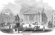 The Royal Exchange (London), opened by Queen Victoria on 28 October Royal Exchange ILN 1844.jpg