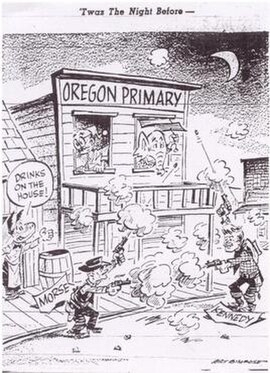 Editorial cartoon from The Oregonian during Morse's run for the Democratic nomination.