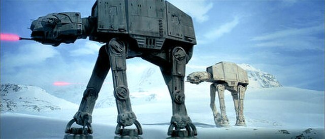 Imperial AT-AT walkers during the Battle of Hoth in The Empire Strikes Back, the second film of the original Star Wars trilogy.