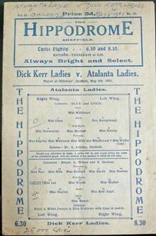 Official programme from a game against Dick, Kerr Ladies F.C. at Hillsborough, Sheffield, on 6 May 1921 Dick, Kerr's Ladies Programme.jpg