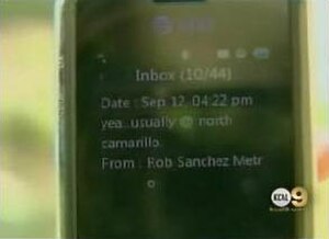 KCAL-TV news showed a text message allegedly sent by the Metrolink train's engineer 22 seconds before the crash.