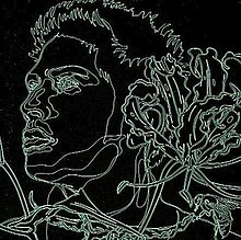 A black-and-green line art drawing of the artist's face staring off to the left with a flower arrangement next to his head.