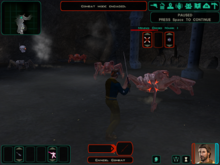 Screenshot from the first level of the game illustrating the interface and combat system. Knights of the Old Republic II combat.png