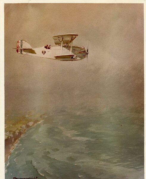 L'Oiseau Blanc depicted in a contemporary painting, after the undercarriage has been jettisoned.