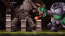 Gameplay screenshot, showing the player character fighting against the Shielder, the second boss NS Ghosts 'n Goblins Resurrection (Kaettekita Makaimura).jpg