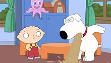 A screenshot of the Family Guy episode 'Quagmire's Dad', showcasing Brian Griffin throwing up upon learning that he slept with a trans woman