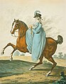 Sidesaddle riding habit fashion, an engraved plate from The Gallery of Fashion, 1801.