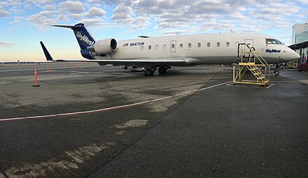 A Bombardier CRJ200 at Seattle–Tacoma International Airport painted in SkyWest livery.