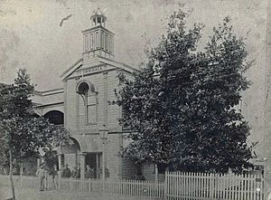 Townsville's Town Hall 1895 with, from left to right, Aldermen T. Enright, E.J. Forrest, D.F. Treehy (Townclerk), P. Lillis (Rate Receiver), J. N. Parkes, B.P. McDougall (Accountant)