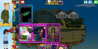 Sample of battle between Adventure mode hero Enos Fry (from the Emmy Award-winning Futurama episode "Roswell that Ends Well") and player hero Tina (Bob's Burgers) Animation-Throwdown-Video-Game-Card-Adventure-Battle.png