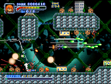 A player in the center hovers through a stage while avoiding enemy shots (Nintendo 64). Bangaio screenshot.png