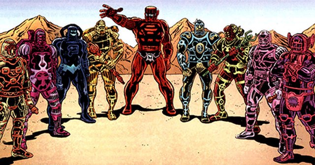 The Celestial Fourth Host (left to right) Hargen, Tefral, Nezzar, Gammenon, Arishem, Jemiah, Eson, Oneg, and Ziran. Panel from Thor #300 (October 1980