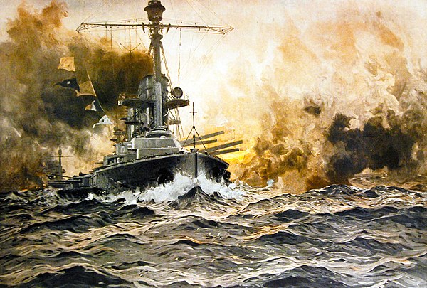 A König-class battleship firing her main guns at Jutland, by Claus Bergen