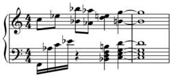 Parallel root-position bop voicings that open the choruses of Thelonious Monk's 1959 "Monk's Mood" feature a (C) major ninth chord. Monk's Mood major ninth chord.png