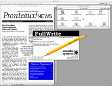 FullWrite 2.0.6 with a sample document open. The images shows the full-page display that was a hallmark of the program. The document has two floating text blocks, one containing the automatically updated table of contents, the other simple "call out" text. FullWrite 2.0.6 screen snap.tiff