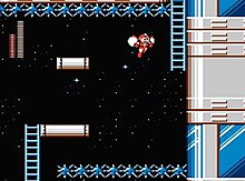 Using one of two adaptors, Mega Man combines with Rush to propel through the air, seen in the first stage of Mr. X's Fortress. Mega man 6 gameplay.jpg