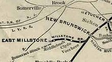 The Millstone Branch as shown on a map created by the Pennsylvania Railroad in 1911 Milstone Railroad.jpg