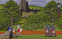 Screenshot of a "scene level": a group of knights of the Round Table (left) meets some evil knights (right) SOE Scene Level.jpg