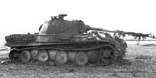 Burnt out Panther Ausf.G at the Battle of the Bulge, penetrated in the sponson. Burnt out Panther AusfG Battle of the Bulge.jpg