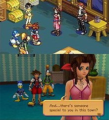 Two images of a game set in a room, the top one with 2D graphics, and the bottom one with 3D ones. Both feature a spike-haired boy wearing red clothes, a black jacket and yellow shoes; an anthropomorphic dog wearing an orange hat, a green turtleneck sweater, yellow pants, white gloves and brown shoes; an anthropomorphic duck wearing blue hat and robes; and a brown-haired girl in a pink dress.