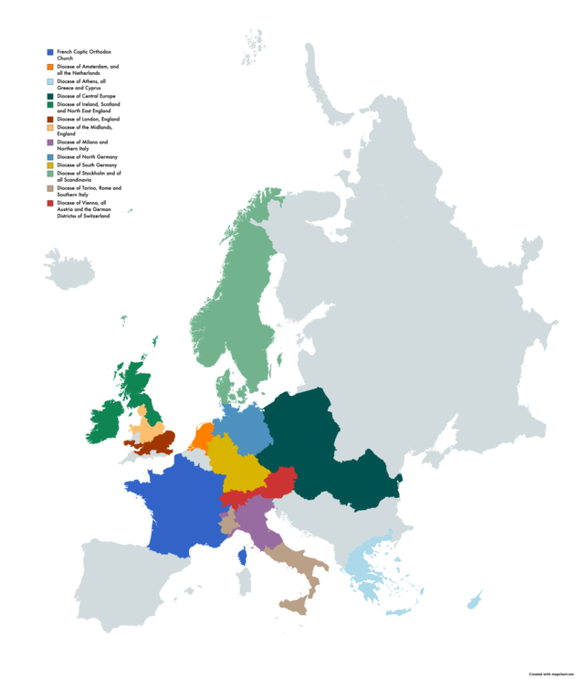 A map of the Jurisdictions of the Coptic Orthodox Dioceses in Europe. Coptic Orthodox Dioceses of Europe.png