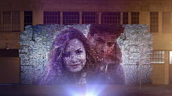 A collage of a photo of Lovato and on-screen love interest (Alex Bechet), created from other smaller images of the pair. GiveYourHeartABreakVideo.png