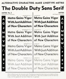 A 1932 ad shows all four weights of both versions of Metro, emphasizing the typeface's versatility. Of note is the original Metro's use of a straight-bar e, which was an alternate prior to the release of Metro No. 2. MetroDoubleDuty.png