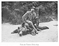 August von Spiess, Director of the Royal Hunts, after a Carpathian bear hunt, 1930s. VonSpiessBearHunt.jpg