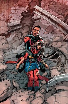 Kamala Khan dead in Spider-Man/Miles Morales' arms after being murdered by Zzzax, from Champions (2019) #3. Art by Steven Cummings. Kamala Khan death in Champions 2 (February 2019).jpg