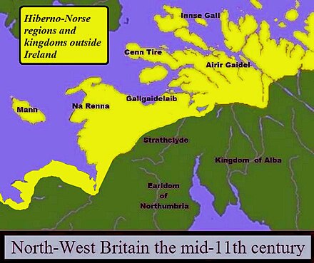 Map showing much of north-western Britain, with the sea in blue, Norse–Gaelic land in yellow; other regions marked in green, from south to north, are: "Earldom of Northumbria" where the upper region of the Tyne lies, "Strathclyde" on the Clyde, "Kingdom of Alba" on the rivers Tay and Earn; in yellow territory from south to north: "Mann" where the isle of Man lies, "Na Renna" on Wigtownshire, "Gallgaidelaib" on north Ayrshire, "Cenn Tire" on Kintrye, "Airir Gaidel" on Lorne, and "Innse Gall" on Islay and adjacent islands