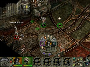 The Mortuary room in which the game opens; visible are two player characters, a zombie, the bottom-menu, and the radial-actions menu.