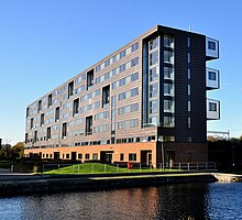 Pooley House, the largest campus building, on the edge of Regent's Canal Pooley House - Queen Mary, University of London.jpg