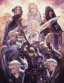 The main characters of Shadowbringers, clockwise from top: Minfilia, Crystal Exarch, Urianger, Alisaie, the Warrior of Darkness, Alphinaud, Y'shtola, and Emet-Selch; Thancred (center) Shadowbringers characters.jpg