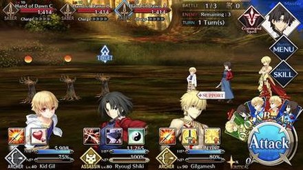 A combat sequence in Fate: Grand Order: Here, Kid Gil (Archer), Ryougi Shiki (Assassin) and Gilgamesh (Archer) face off against Hand of Dawn enemies