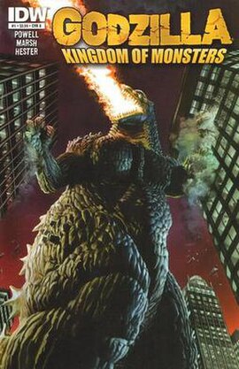 A painted cover of Godzilla attacking a city by Alex Ross. From Godzilla: Kingdom of Monsters #1 (March 2011) from IDW Publishing