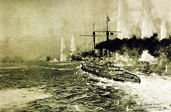 Painting of a König-class ship under fire at Jutland by Claus Bergen