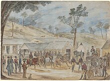 A pen and ink watercolour painting of the Gold Escort in Victoria by W. Drummond (1852) Painting of Gold Escort.jpg