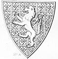 Arms of Percy, Beverley Minster, c.1350: A lion rampant. The diaper decoration of squared quatrefoils in the field has not been included in the blazon. Were the shield to show the tinctures, the blazon would be: Or, a lion rampant azure[8]