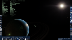 The UI of SpaceEngine, showing a procedurally generated earth-like planet with planetary rings. SpaceEngine gameplayss.png