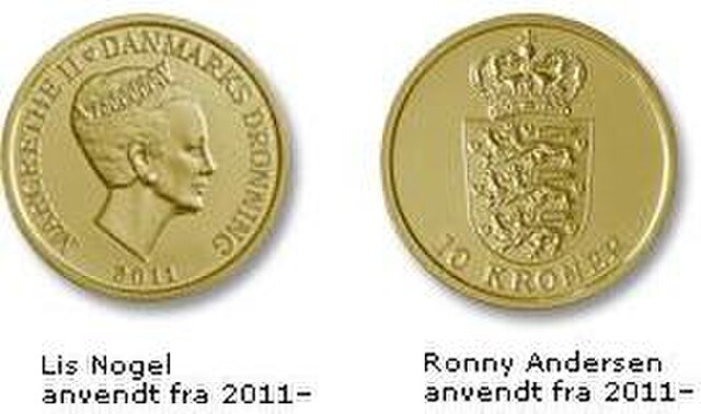 An aluminium bronze 10-kroner coin (2011- series)