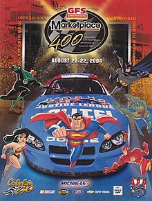 The 2004 GFS Marketplace 400 program cover, featuring Ryan Newman's car and the Justice League.