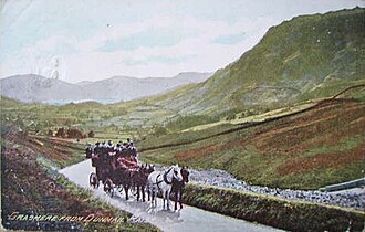 A horse-drawn coach passes northwards over Dunmail Raise in the late 19th or early 20th century Dunmailraise.jpg