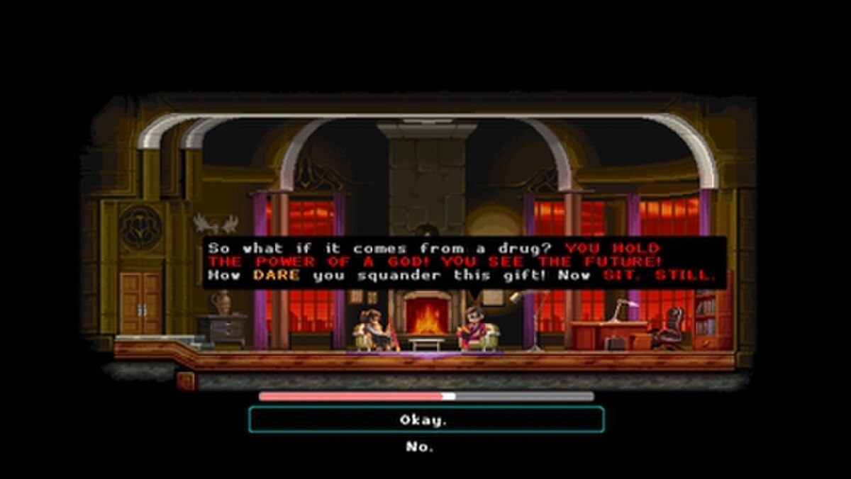 The player character converses with a non-player psychiatrist character in front of a fireplace. A speech bubble from the psychiatrist reads: 