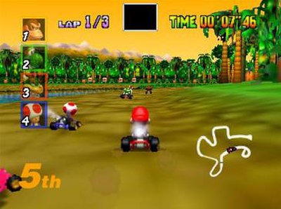 Mario racing on D.K.'s Jungle Parkway, the first course of the Special Cup. Mario Kart 64 is the first game in the series to use 3D computer graphics.